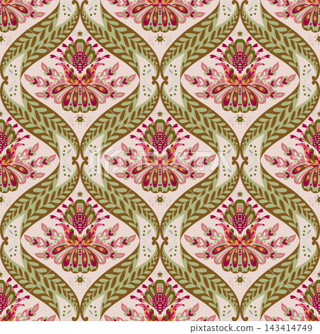 Green Pink Floral Damask Motif Green Pink Floral Damask Motif 143414749