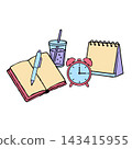 Time planning doodle with notebook pen calendar and clock for productivity scheduling and office design assets 143415955