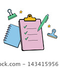 Stationery organization doodle with clipboard notebook and office supplies for planning and productivity design assets 143415956