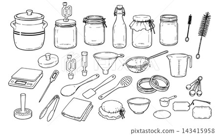 Fermentation equipment set with jars airlocks utensils and measuring tools for recipe and packaging design Fermentation equipment set with jars airlocks utensils and measuring tools for recipe and packaging design 143415958