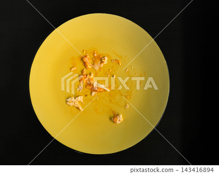 Dirty plate top view background, finished eat dinner in restautant, abstract textuer stain smearing drip sauce bbq jam chilli jelly on ceramic breakfast, concept for clean hyginene product. 143416894