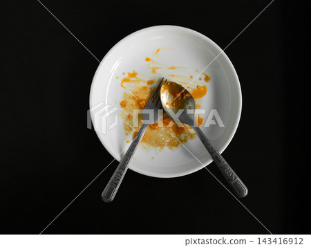 Dirty plate top view background, finished eat dinner in restautant, abstract textuer stain smearing drip sauce bbq jam chilli jelly on ceramic breakfast, concept for clean hyginene product. Dirty plate top view background, finished eat dinner in restautant, abstract textuer stain smearing drip sauce bbq jam chilli jelly on ceramic breakfast, concept for clean hyginene product. 143416912