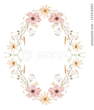 Hand painted watercolor oval floral frame wedding with pink anemone flowers, daisies, wheat spikelets and dried herbs on white background. Vertical botanical wreath border with copy space for text Hand painted watercolor oval floral frame wedding with pink anemone flowers, daisies, wheat spikelets and dried herbs on white background. Vertical botanical wreath border with copy space for text 143416993