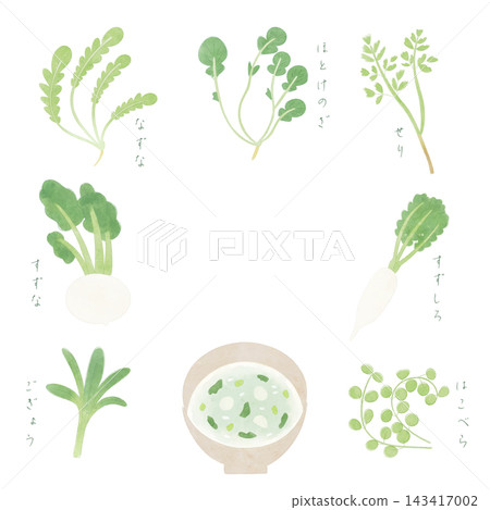 A watercolor-style frame featuring the seven spring herbs and seven-herb rice porridge. A watercolor-style frame featuring the seven spring herbs and seven-herb rice porridge. 143417002