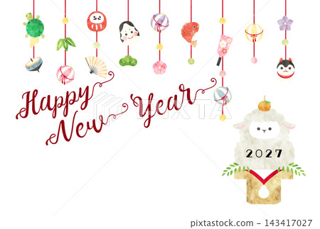 2027 羊年 - 新年賀卡設計:可愛的水彩風格綿羊造型鏡餅和懸掛裝飾品(橫版) 2027 羊年 - 新年賀卡設計:可愛的水彩風格綿羊造型鏡餅和懸掛裝飾品(橫版) 143417027