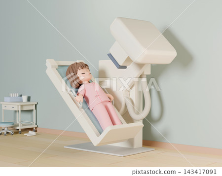 3D CG | 一位年輕女子扶著檢查台進行鋇餐檢查和胃部 X 光檢查。 3D CG | 一位年輕女子扶著檢查台進行鋇餐檢查和胃部 X 光檢查。 143417091