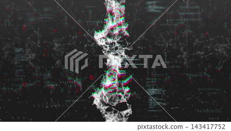 Displaying vertical data strand twisting in virtual data space, showing nodes, mesh, glitch fringes Displaying vertical data strand twisting in virtual data space, showing nodes, mesh, glitch fringes 143417752