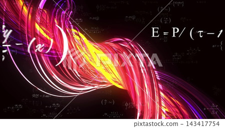 Flowing braided ribbon streaking across dark backdrop, showing equations, glyphs and highlights 143417754