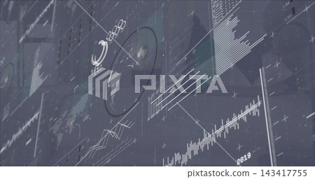 Projecting analytics dashboard on glass monitor, showing dotted globe, charts, gridlines, 2020 2019 Projecting analytics dashboard on glass monitor, showing dotted globe, charts, gridlines, 2020 2019 143417755