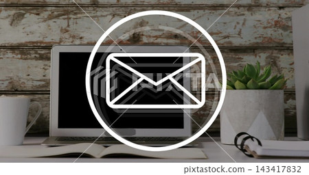 Vertical video: laptop getting email ping, envelope icon pulsing over screen, aiding business flow Vertical video: laptop getting email ping, envelope icon pulsing over screen, aiding business flow 143417832