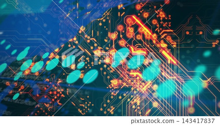 Pulsing circuitry network streaming across digital PCB view, orange traces glowing among teal bokeh 143417837