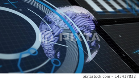 Rotating hex 3D globe right AR dashboard, showing HUD rings, radial guides, node icons, copy space 143417838