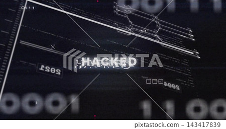 Intrusion event initiating HACKED glitching on security HUD, binary 1s 0s and wireframe flickering Intrusion event initiating HACKED glitching on security HUD, binary 1s 0s and wireframe flickering 143417839