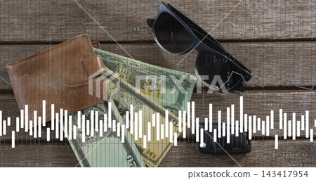 Showing bifold wallet revealing US bills on wood table, with shades phone and waveform code overlay 143417954