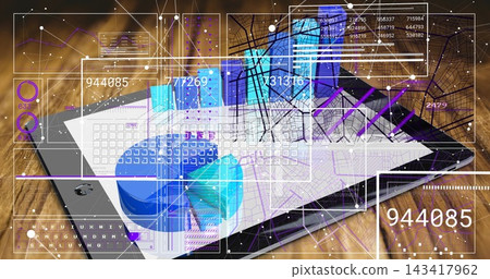 Displaying tablet computer showing map overlays, blue pie chart and virtual keyboard on wood desk Displaying tablet computer showing map overlays, blue pie chart and virtual keyboard on wood desk 143417962