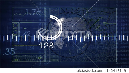Displaying centered dashboard on command console showing dotted Africa map, HUD rings, numbers 143418149