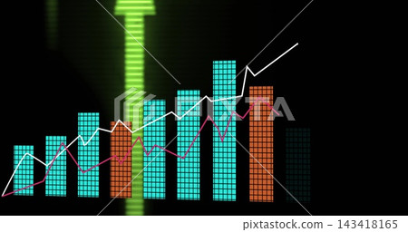 Displaying tiled cyan orange bars with white magenta lines on dark dashboard, glowing green arrow Displaying tiled cyan orange bars with white magenta lines on dark dashboard, glowing green arrow 143418165