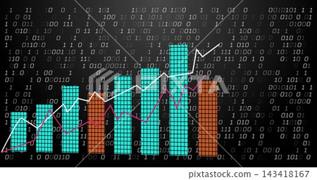 Showing turquoise orange bars tracing upward trend on binary dashboard, showing white magenta lines 143418167
