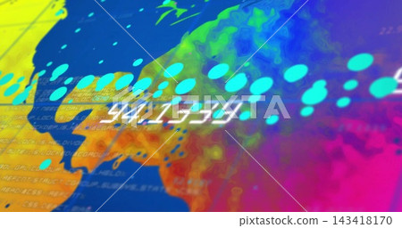 Displaying map blotch with gradient swirls on screen, showing cyan dots, blurred glyphs, code bands Displaying map blotch with gradient swirls on screen, showing cyan dots, blurred glyphs, code bands 143418170