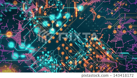 Displaying centered circuitry network in digital environment, with teal PCB traces and orange nodes Displaying centered circuitry network in digital environment, with teal PCB traces and orange nodes 143418172