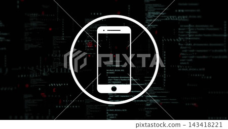 Displaying white phone icon inside bold round ring in dark code scene with binary, red dots Displaying white phone icon inside bold round ring in dark code scene with binary, red dots 143418221