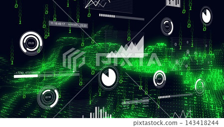 Flowing neon-green data wave moving across dark virtual canvas showing binary streams gauges charts Flowing neon-green data wave moving across dark virtual canvas showing binary streams gauges charts 143418244