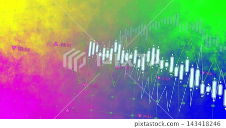 Displaying financial chart visual on multicolor gradient, with white candles and green line graphs Displaying financial chart visual on multicolor gradient, with white candles and green line graphs 143418246
