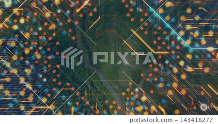 Vertical video: Showing center green clearing with narrow stream and neon circuit nodes from above Vertical video: Showing center green clearing with narrow stream and neon circuit nodes from above 143418277