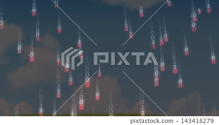 Streaming binary columns falling across dusky sky with clouds, dusk settling, showing red digits Streaming binary columns falling across dusky sky with clouds, dusk settling, showing red digits 143418279