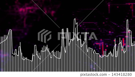 Displaying vertical bars pulsing on dark screen, tracing jagged white waveform, magenta or blue pixe Displaying vertical bars pulsing on dark screen, tracing jagged white waveform, magenta or blue pixe 143418280
