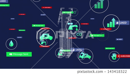 Displaying central wireframe on navy UI, visualizing metrics: car, droplet, CO2 tap, charts, badges Displaying central wireframe on navy UI, visualizing metrics: car, droplet, CO2 tap, charts, badges 143418322