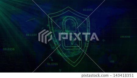 Showing dotted neon-green shield emblem with padlock icon over wire globe, with numeric overlays Showing dotted neon-green shield emblem with padlock icon over wire globe, with numeric overlays 143418351
