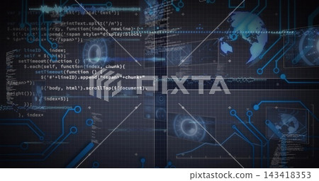 Displaying central digital UI overlay at virtual dashboard, with code blocks, HUD rings and globe Displaying central digital UI overlay at virtual dashboard, with code blocks, HUD rings and globe 143418353