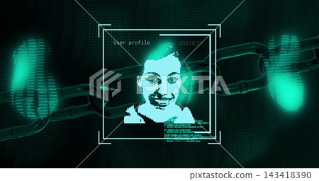 Showing pixel woman avatar in dark top in security UI, featuring fingerprint icons and chain links Showing pixel woman avatar in dark top in security UI, featuring fingerprint icons and chain links 143418390