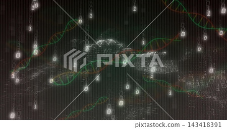 Triggered by binary streams, central data mass pulsing in hologram with DNA helices, binary digits Triggered by binary streams, central data mass pulsing in hologram with DNA helices, binary digits 143418391