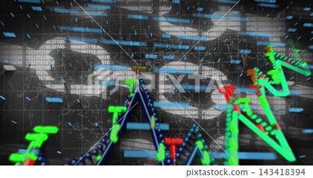 Displaying 3D financial charts sweeping dark virtual grid, with floating numeric strings and nodes Displaying 3D financial charts sweeping dark virtual grid, with floating numeric strings and nodes 143418394