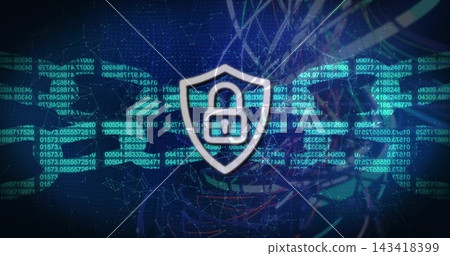 Glowing central shield with padlock reacting to detection in cyber canvas, showing SEC code 143418399