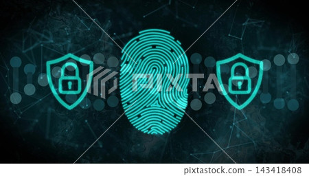 Scanning teal fingerprint centered in virtual cybersecurity scene, with shield locks and node chain Scanning teal fingerprint centered in virtual cybersecurity scene, with shield locks and node chain 143418408
