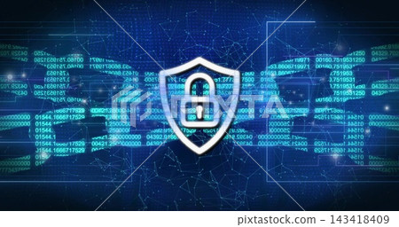 Displaying centered shield emblem glowing in digital cyberspace, with padlock icon and code streams Displaying centered shield emblem glowing in digital cyberspace, with padlock icon and code streams 143418409
