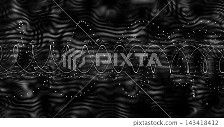 Signal starting, central sinusoidal line and dot-cloud pulsing across digital space, showing data Signal starting, central sinusoidal line and dot-cloud pulsing across digital space, showing data 143418412