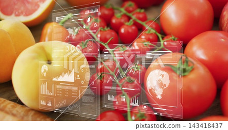 Sensor detecting ripeness, activating data UI displaying tomatoes, peaches on counter for analysis Sensor detecting ripeness, activating data UI displaying tomatoes, peaches on counter for analysis 143418437