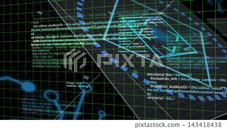 Displaying green wireframe grid and floating code blocks in cyberspace, tracing diagonal node trail 143418438