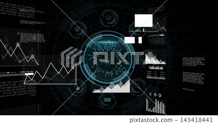 Showing central circular interface with padlock, circuits pulsing on security UI, graphs updating Showing central circular interface with padlock, circuits pulsing on security UI, graphs updating 143418441