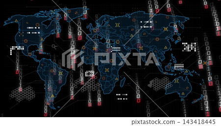 Global map pulsing binary streams, flagging hex nodes and warnings on network alert for security Global map pulsing binary streams, flagging hex nodes and warnings on network alert for security 143418445