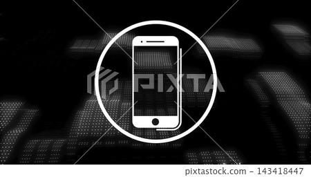 Showing white smartphone silhouette inside circular ring in digital backdrop, dotted grid with blur Showing white smartphone silhouette inside circular ring in digital backdrop, dotted grid with blur 143418447