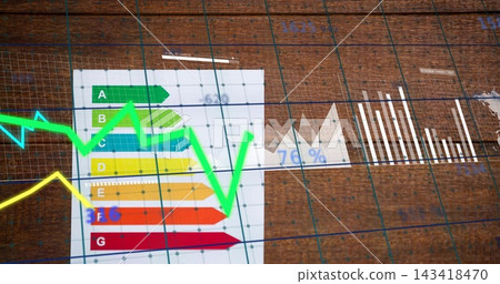 Printed arrow energy chart receiving data feed and animating lines, filling 76% area for analysis 143418470