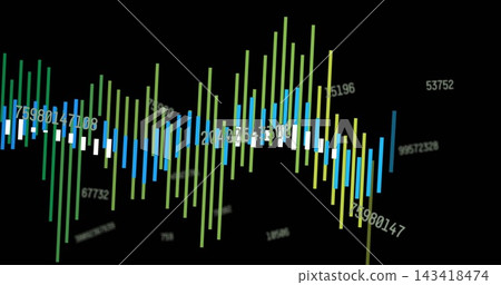 Animating colorful vertical bars on data pulse, rising, falling on black void with numeric labels Animating colorful vertical bars on data pulse, rising, falling on black void with numeric labels 143418474