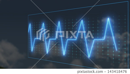 Floating translucent holographic panel displaying neon-blue ECG waveform over teal grid at dusk Floating translucent holographic panel displaying neon-blue ECG waveform over teal grid at dusk 143418476