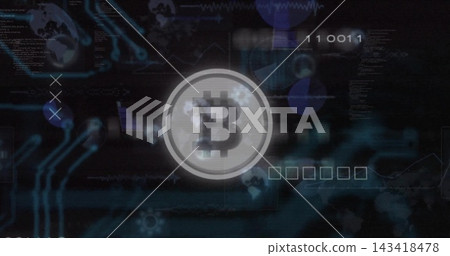 Pulsing central Bitcoin coin responding to incoming stream in network, emitting halo and pixels Pulsing central Bitcoin coin responding to incoming stream in network, emitting halo and pixels 143418478