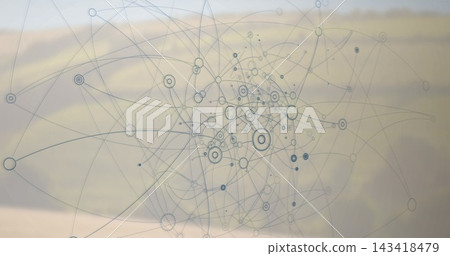 Displaying abstract node network floating over hazy backdrop, with concentric circular nodes 143418479